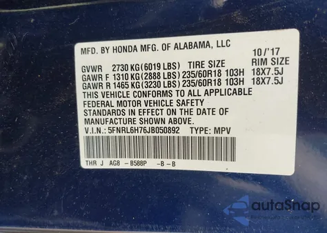2018 Honda Odyssey Ex-L z USA, uszkodzony, nr VIN 5FNRL6H76JB050892